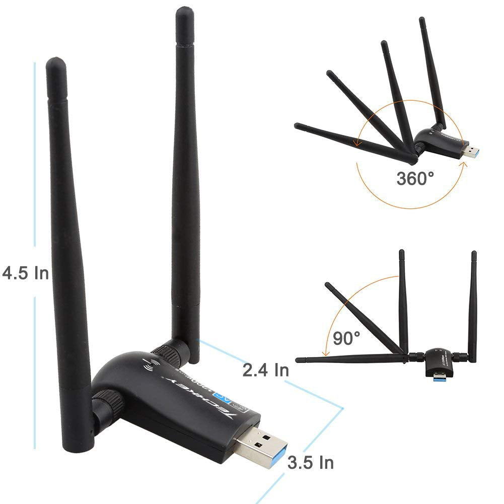 Adaptador inalámbrico USB WiFi para PC – Techkey 1200Mbps doble banda  2.4GHz/300Mbps 5GHz/867Mbps alta ganancia Dual 5dBi antenas red WiFi USB  3.0