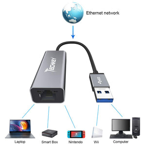 Ethernet Adapter USB 3.0 to Nekwork, Techkey USB to RJ45 Gigabit LAN/Windows XP/for Mac OS X /10.6-10.15, 10/100/1000 Mbps Ethernet Supports Nintendo Switch/Wii U/MacBook/Chromebook