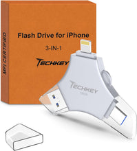 Load image into Gallery viewer, MFi Certified USB 3.0 Flash Drive 128GB for iPhone, 3in1 External Memory Photo Keeper Storage Stick for Picture/Video/Data Saver/Backup, High Speed Thumb/Jump/Hard Drives for iPhone/iPad/Android/PC-B0DL5VCVCG
