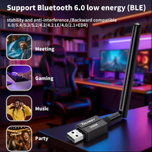 Load image into Gallery viewer, USB Bluetooth 6.0 Adapter for Desktop PC: Plug &amp; Play 600FT Long Range Wireless Dongle with 5dBi Antenna for Laptop Windows 11/10/8.1, Pair BT Headphones/Headset/Speaker/Mouse/Keyboard/Print Servers-B0GHP3DCD5