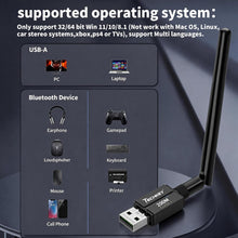 Load image into Gallery viewer, USB Bluetooth 6.0 Adapter for Desktop PC: Plug &amp; Play 600FT Long Range Wireless Dongle with 5dBi Antenna for Laptop Windows 11/10/8.1, Pair BT Headphones/Headset/Speaker/Mouse/Keyboard/Print Servers-B0GHP3DCD5