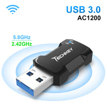 Load image into Gallery viewer, USB WiFi Adapter 1200Mbps for PC, Techkey Mini Wireless Network Adapter USB 3.0 WiFi Dongle 802.11 ac with Dual Band 2.42GHz/300Mbps, 5.8GHz/866Mbps for Desktop Laptop Windows XP/7/8/8.1/10/ Mac OS