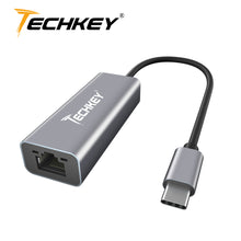 Load image into Gallery viewer, USB C to Ethernet Adapter, Techkey USB Thunderbolt 3 / Type C to RJ45 Gigabit Ethernet LAN Network Adapter Compatible for MacBook Pro 2019/2018/2017 Dell XPS ChromeBook Galaxy S9/S8 and More