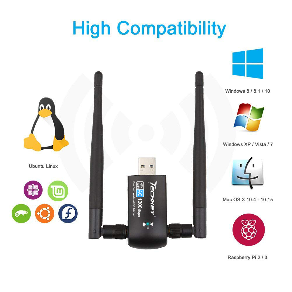 USB WiFi Wireless Adapter for PC - Techkey 1200Mbps Dual Band  2.4GHz/300Mbps 5GHz/867Mbps High Gain Dual 5dBi Antennas Network WiFi USB  3.0 for