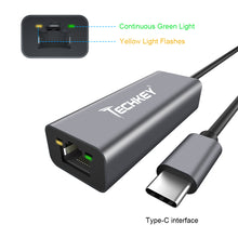 Load image into Gallery viewer, USB C to Ethernet Adapter, Techkey USB Thunderbolt 3 / Type C to RJ45 Gigabit Ethernet LAN Network Adapter Compatible for MacBook Pro 2019/2018/2017 Dell XPS ChromeBook Galaxy S9/S8 and More