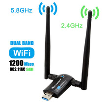 Load image into Gallery viewer, Techkey Wireless USB WiFi Adapter, 1200Mbps Dual Band 2.42GHz/300Mbps 5.8GHz/867Mbps High Gain Dual 5dBi Antennas Network WiFi USB 3.0 for Desktop Laptop with Windows 10/8/7/XP, Mac OS X