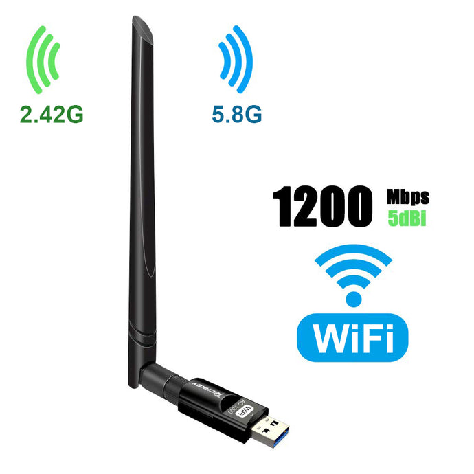 USB WiFi Adapter 1200Mbps TECHKEY USB 3.0 WiFi Dongle 802.11 ac Wireless Network Adapter with Dual Band 2.42GHz/300Mbps 5.8GHz/866Mbps 5dBi High Gain Antenna for Desktop Windows XP/Vista / 7-10 Mac