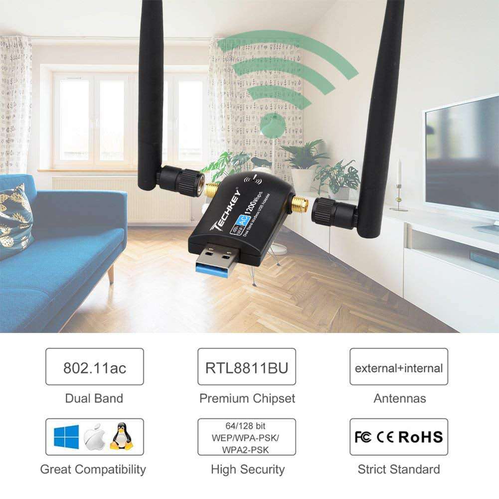 TECHKEY - Adaptador de red inalámbrica USB 3.0 Wifi Dongle 802.11 ac con  doble banda 2,4 GHz/300 Mbps+5 GHz/866 Mbps 5 dBi antena de alto  rendimiento