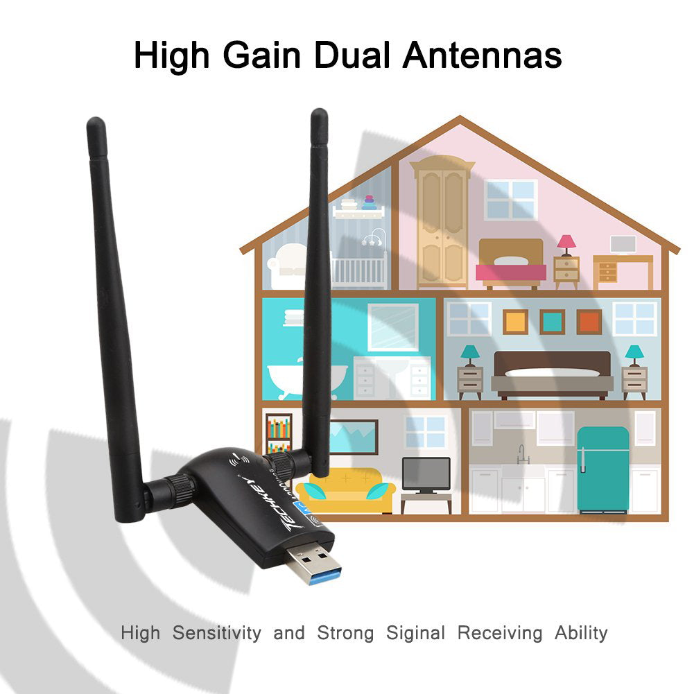 USB WiFi Wireless Adapter for PC - Techkey 1200Mbps Dual Band  2.4GHz/300Mbps 5GHz/867Mbps High Gain Dual 5dBi Antennas Network WiFi USB  3.0 for