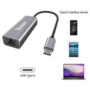 USB C to Ethernet Adapter, Techkey USB Thunderbolt 3 / Type C to RJ45 Gigabit Ethernet LAN Network Adapter Compatible for MacBook Pro 2019/2018/2017 Dell XPS ChromeBook Galaxy S9/S8 and More