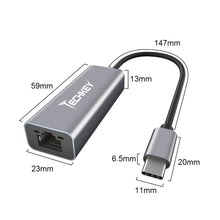 Load image into Gallery viewer, USB C to Ethernet Adapter, Techkey USB Thunderbolt 3 / Type C to RJ45 Gigabit Ethernet LAN Network Adapter Compatible for MacBook Pro 2019/2018/2017 Dell XPS ChromeBook Galaxy S9/S8 and More